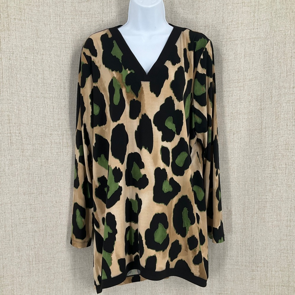 Susan Graver Tunic Top Women XL Green Tan Leopard Print Liquid Knit V-Neck Long - Picture 1 of 9